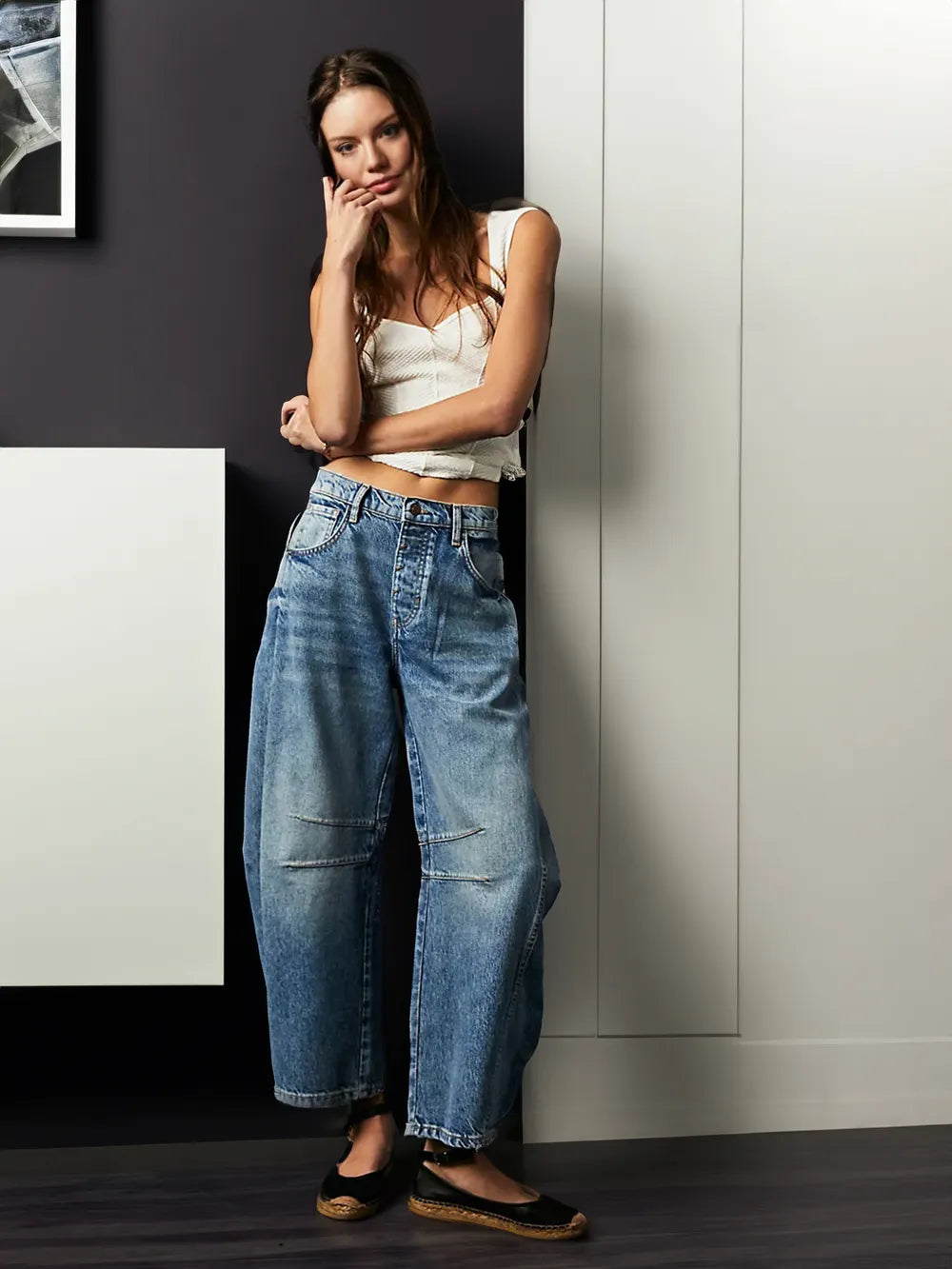Premium Denim Women's Mid Rise Wide Leg Jeans Barrel Cut Exclusive