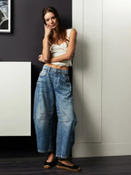 Premium Denim Women's Mid Rise Wide Leg Jeans Barrel Cut Exclusive