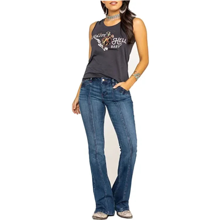 Premium Denim Women's Mid-Rise Flared Jeans With Front Seam Edition