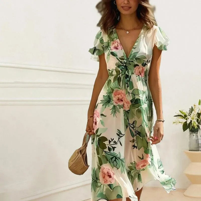 Silk Crepe Floral Midi Dress Green Luxury Collection With Flutter Sleeves Exclusive
