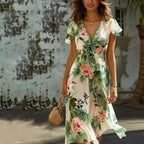 Silk Crepe Floral Midi Dress Green Luxury Collection With Flutter Sleeves Exclusive