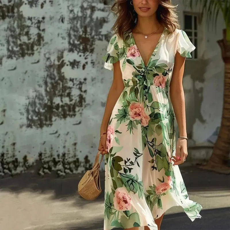 Silk Crepe Floral Midi Dress Green Luxury Collection With Flutter Sleeves Exclusive