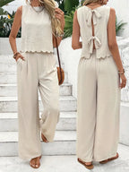 Elegant Textured Top And Trousers Set With Scalloped Hem Limited Edition