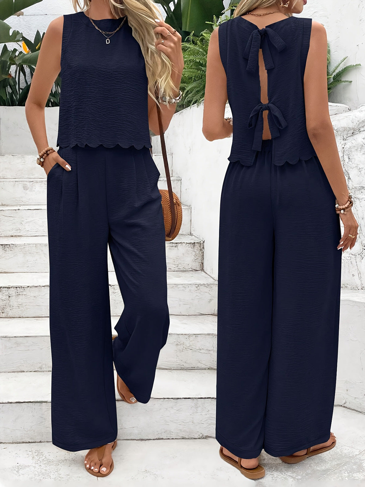 Elegant Textured Top And Trousers Set With Scalloped Hem Limited Edition