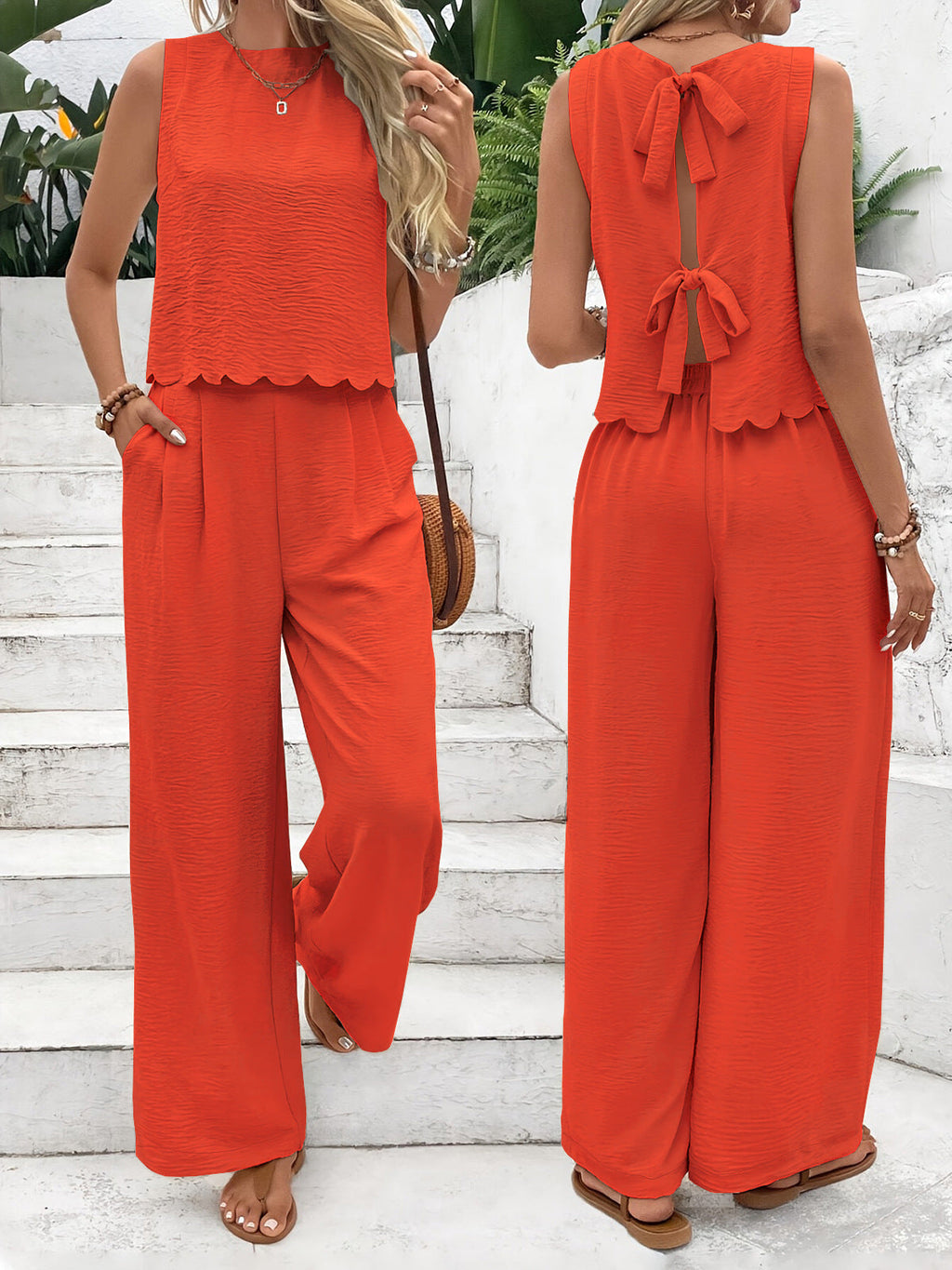 Elegant Textured Top And Trousers Set With Scalloped Hem Limited Edition