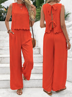 Elegant Textured Top And Trousers Set With Scalloped Hem Limited Edition