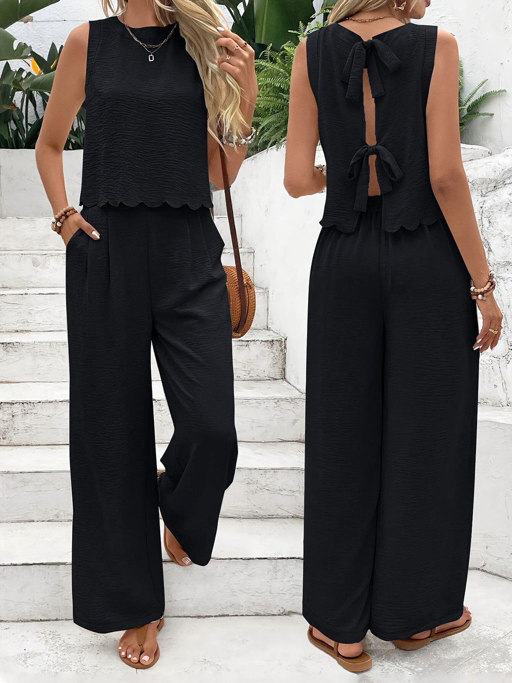 Elegant Textured Top And Trousers Set With Scalloped Hem Limited Edition