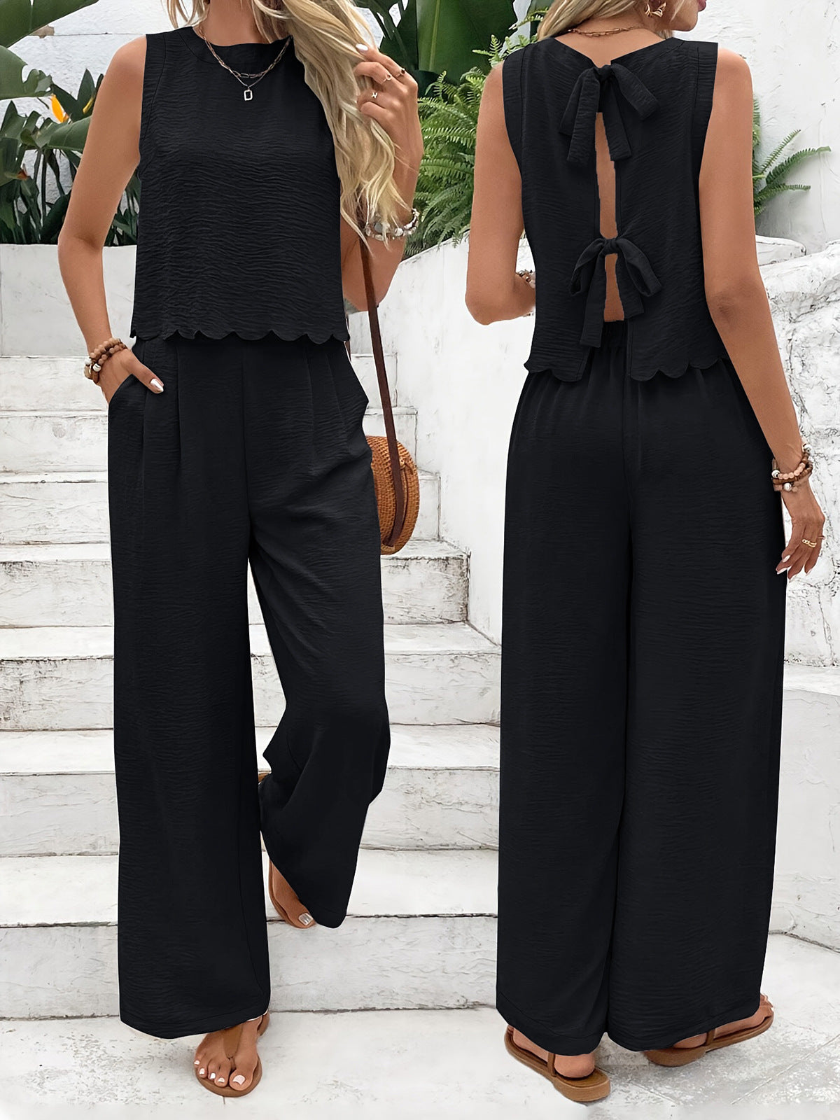 Elegant Textured Top And Trousers Set With Scalloped Hem Limited Edition