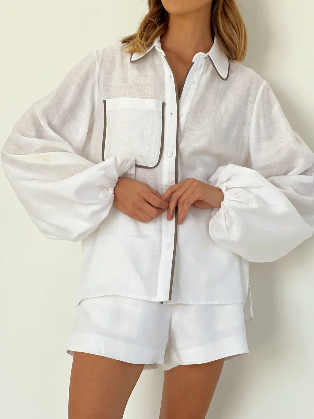 Two-Piece White Shorts Set With Contrast Trim Long-Sleeve Cotton-Blend Collection Limited