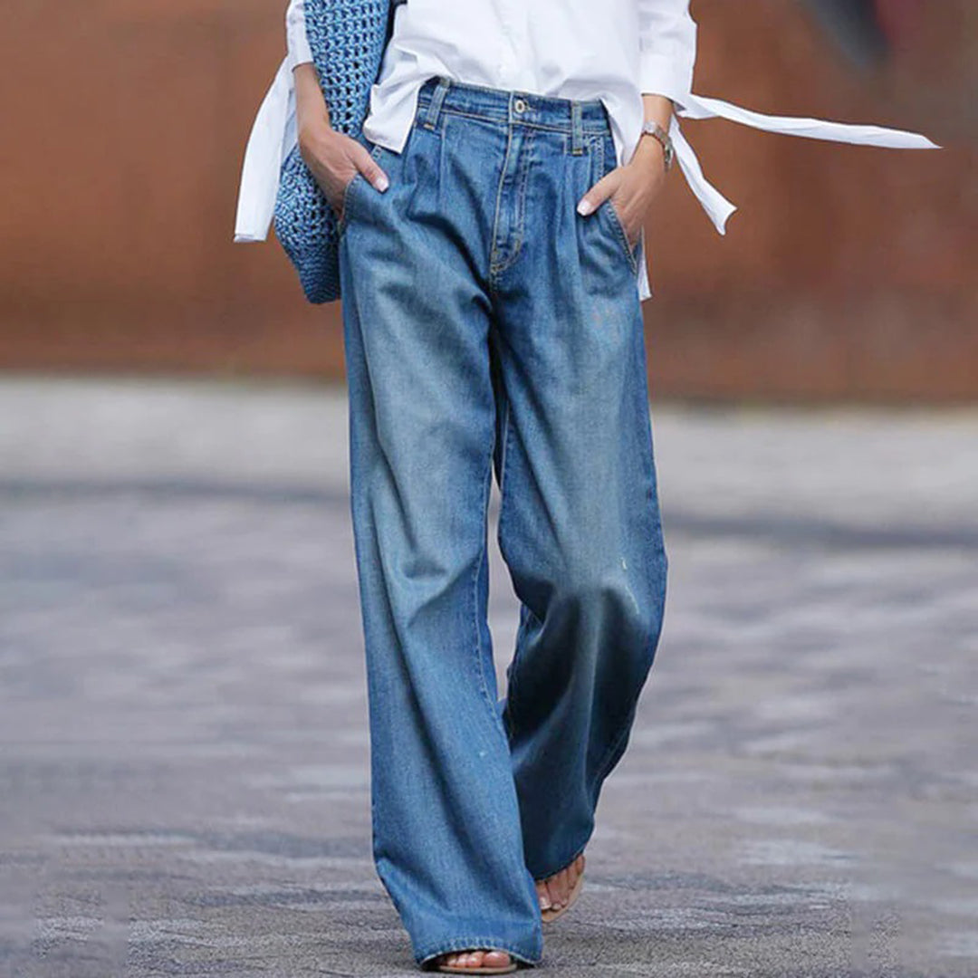 Premium Denim Pleated High Waisted Wide Leg Jeans Relaxed Fit Limited