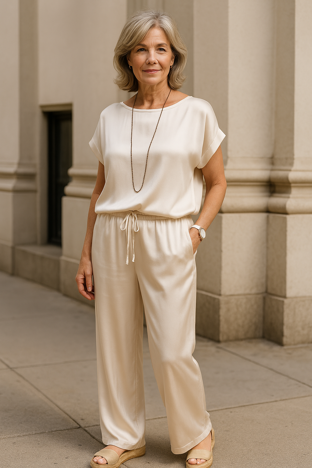 Silk Satin Two Piece Set For Women Soft Wide Leg Trousers And Short Sleeve Top Exclusive