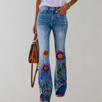 Premium Denim Floral Print Flared Jeans Women High Rise Luxe Collection Exclusive