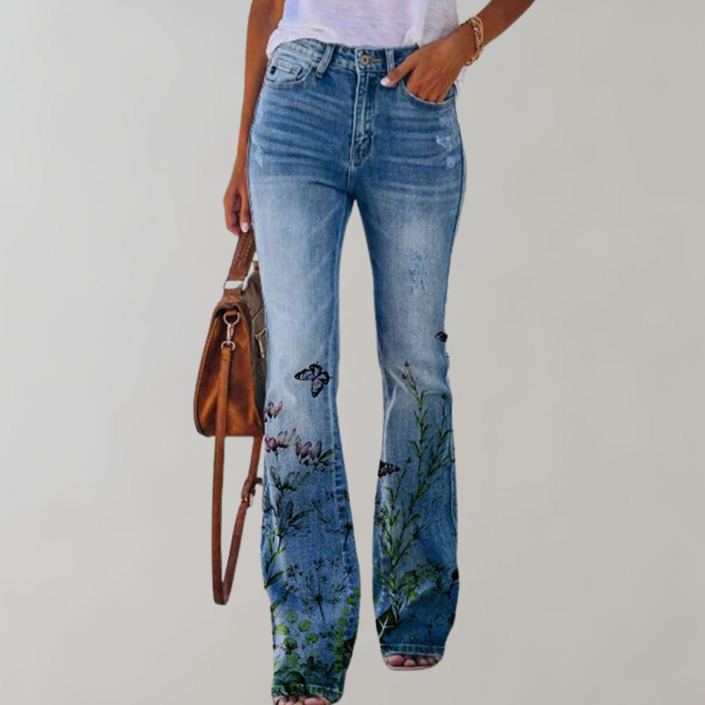 Premium Denim Floral Print Flared Jeans Women High Rise Luxe Collection Exclusive