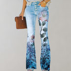 Premium Denim Floral Print Flared Jeans Women High Rise Luxe Collection Exclusive
