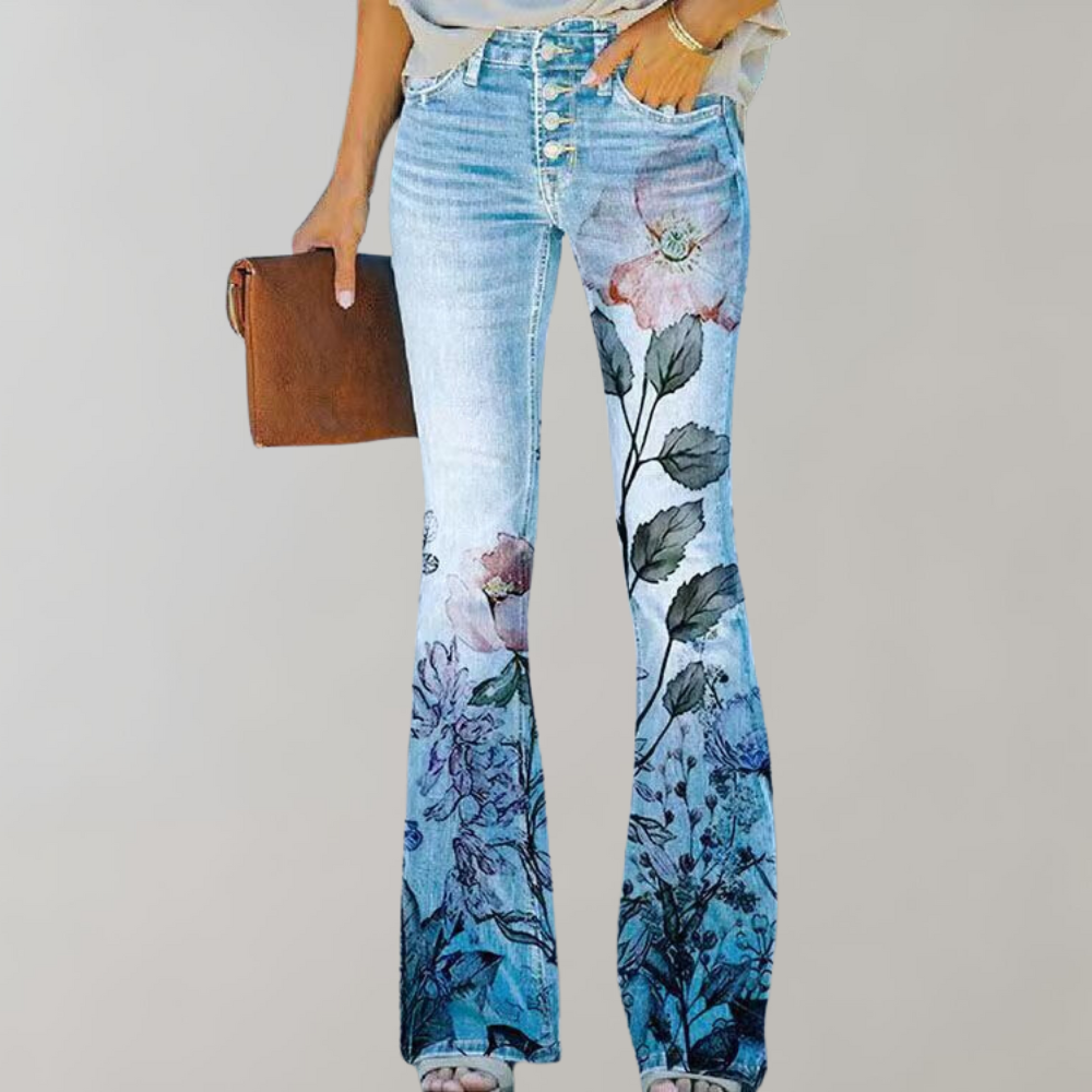 Premium Denim Floral Print Flared Jeans Women High Rise Luxe Collection Exclusive