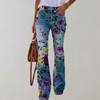 Premium Denim Floral Print Flared Jeans Women High Rise Luxe Collection Exclusive