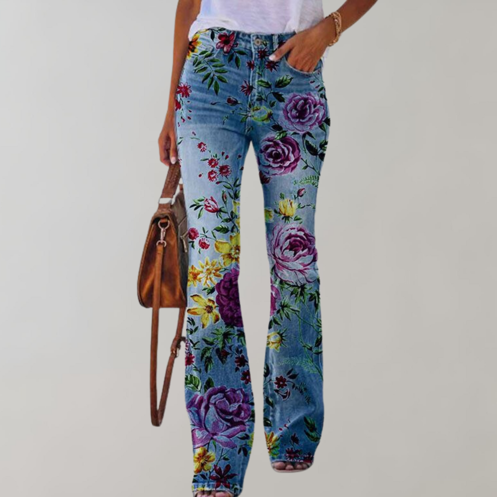 Premium Denim Floral Print Flared Jeans Women High Rise Luxe Collection Exclusive