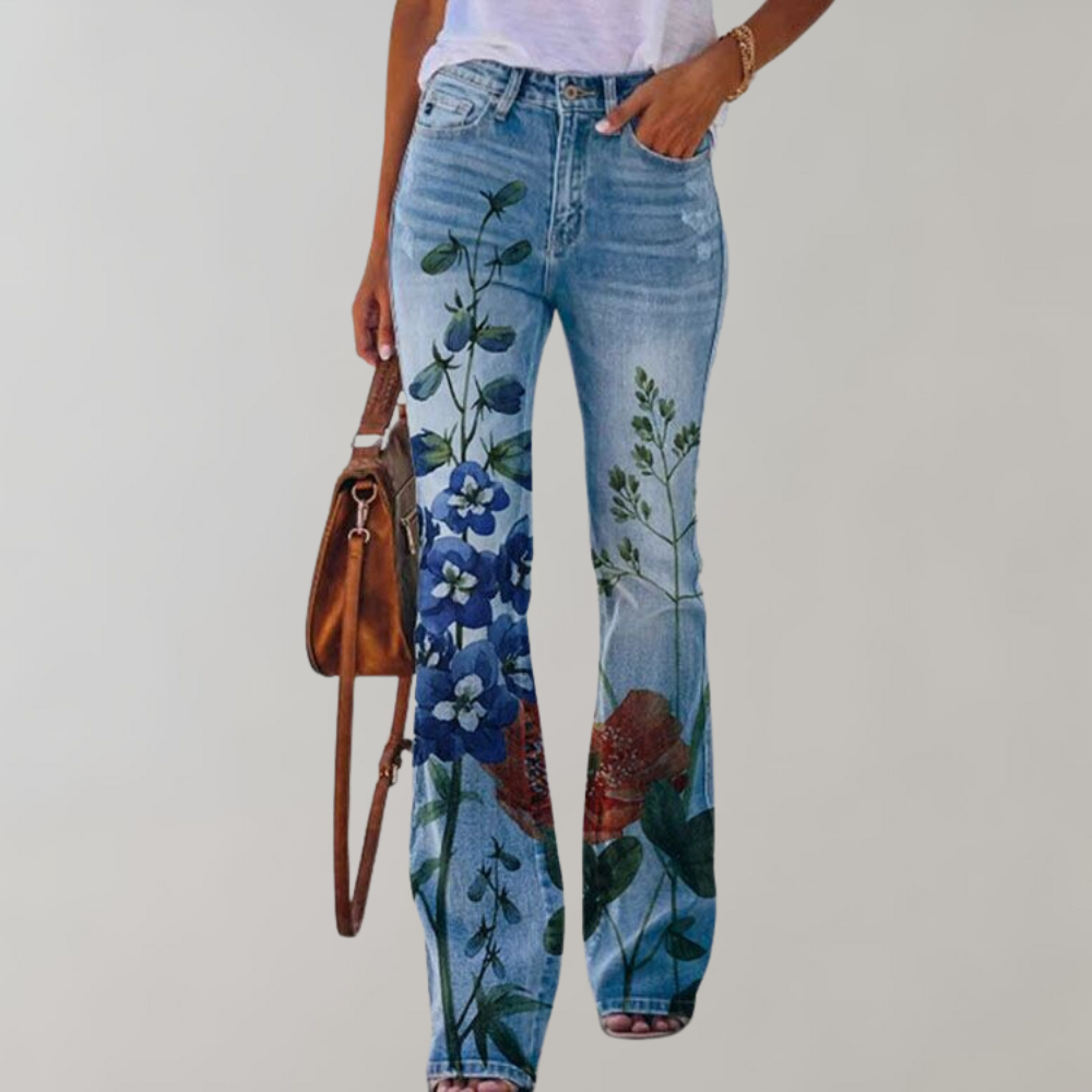 Premium Denim Floral Print Flared Jeans Women High Rise Luxe Collection Exclusive
