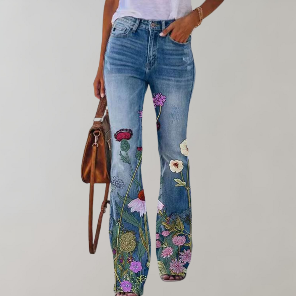Premium Denim Floral Print Flared Jeans Women High Rise Luxe Collection Exclusive