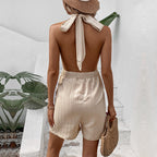 Khaki Pleated Halter Neck Playsuit In Luxe Limited Lightweight Fabric