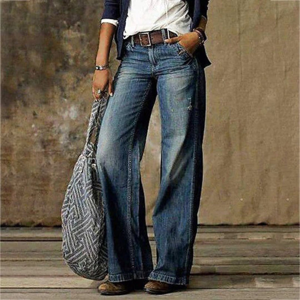 Premium Denim High Waisted Wide Leg Jeans Signature Distressed Relaxed Fit