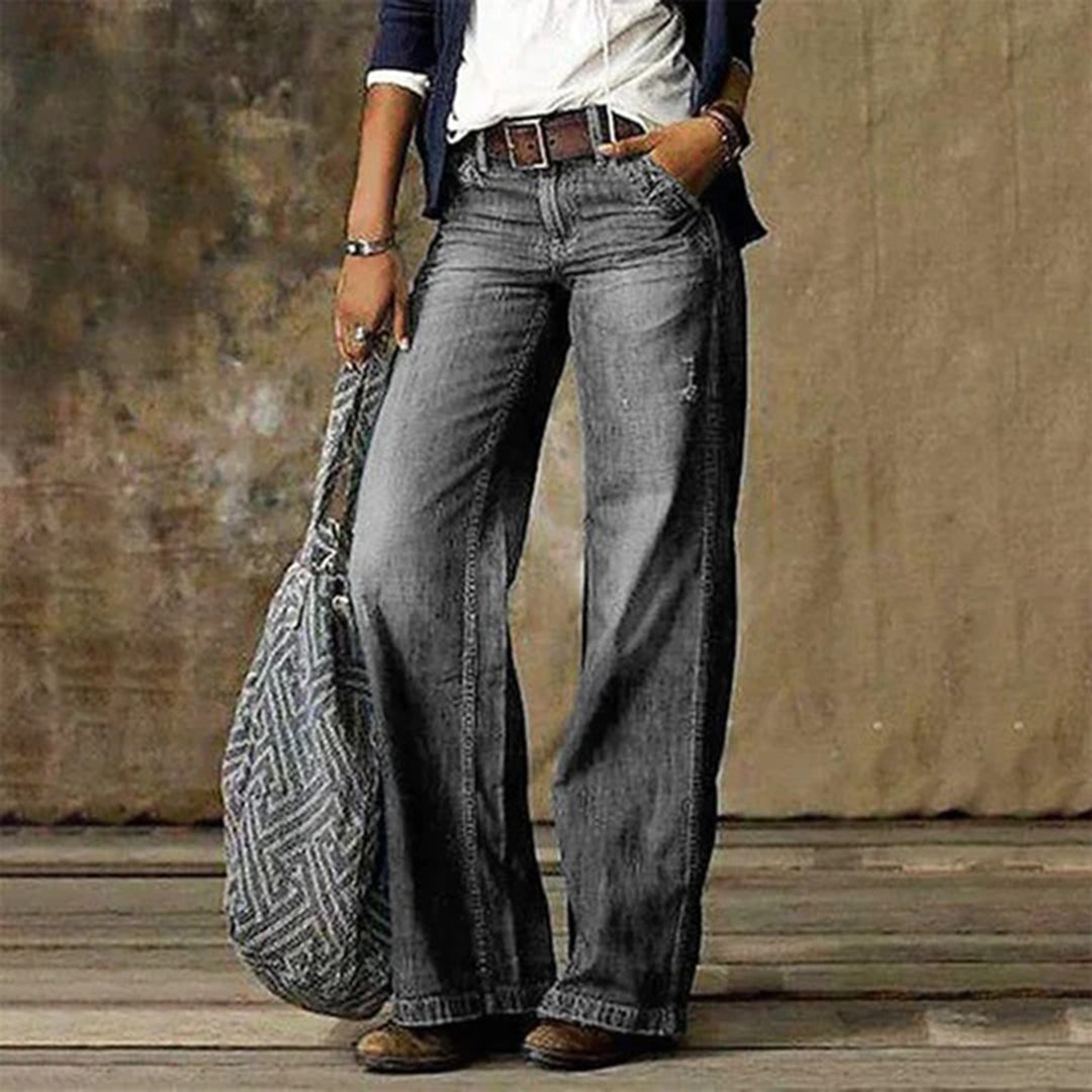 Premium Denim High Waisted Wide Leg Jeans Signature Distressed Relaxed Fit