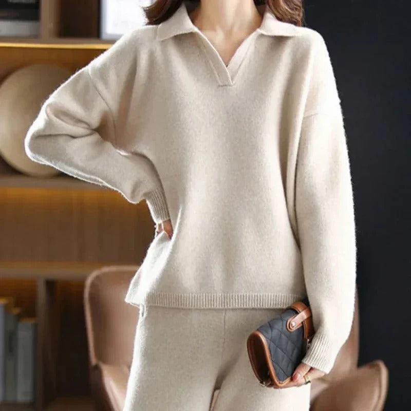 Luxuriously Soft Knit Womens Two Piece Set Polo Neck Jumper Wide Leg Trousers Exclusive