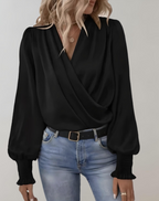 Elegant Satin Wrap Blouse V Neck Ruched Cuffs Limited Edition