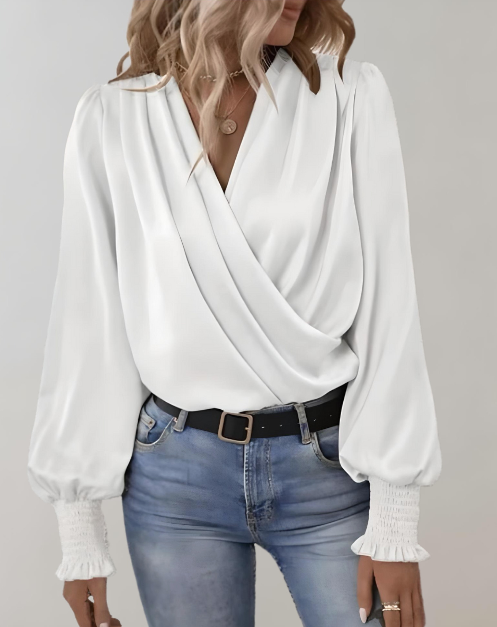 Elegant Satin Wrap Blouse V Neck Ruched Cuffs Limited Edition