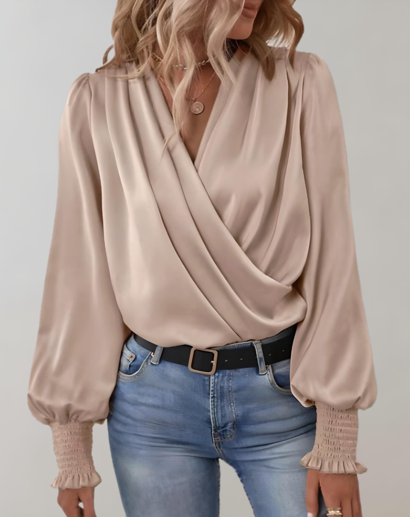 Elegant Satin Wrap Blouse V Neck Ruched Cuffs Limited Edition