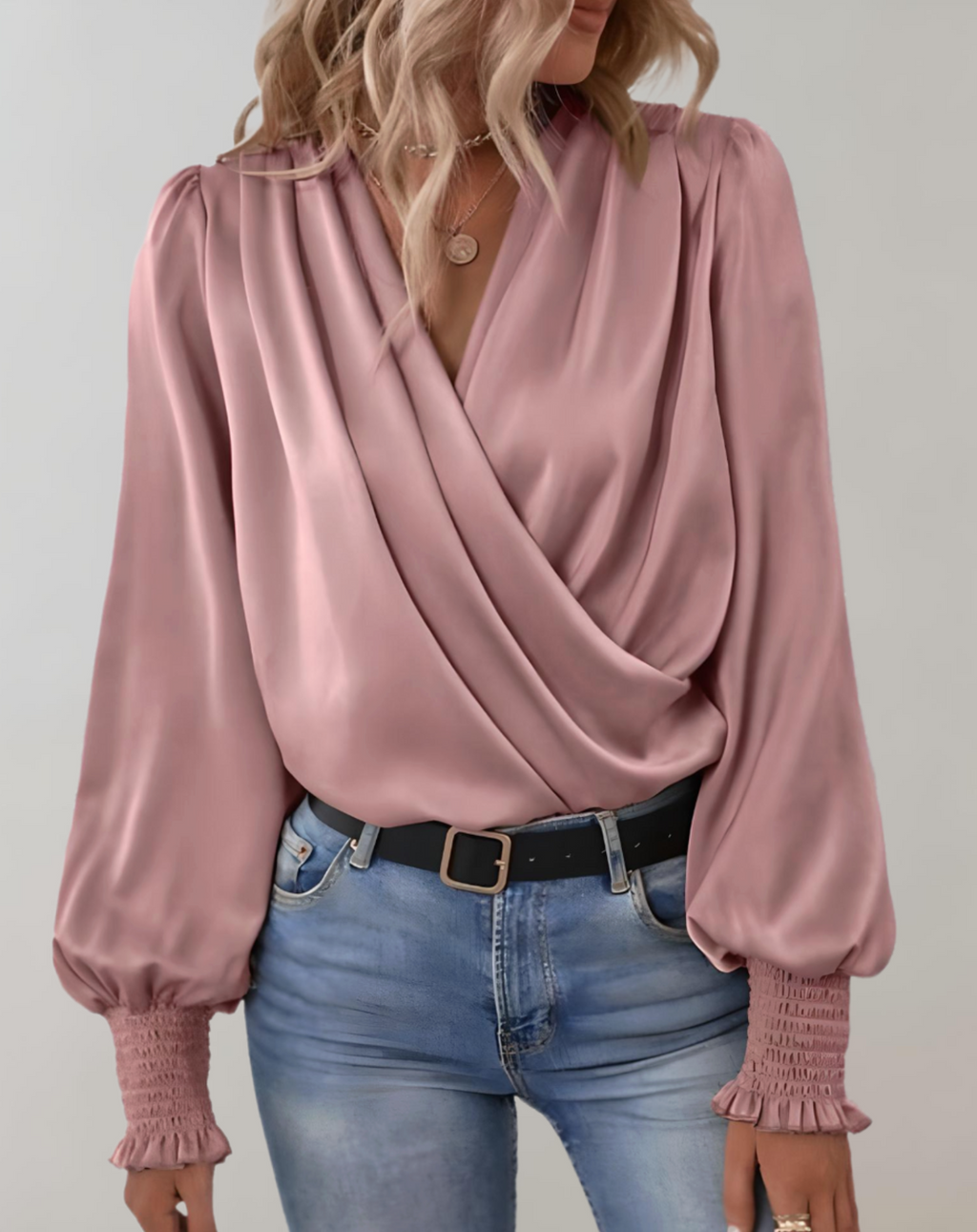 Elegant Satin Wrap Blouse V Neck Ruched Cuffs Limited Edition