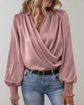 Elegant Satin Wrap Blouse V Neck Ruched Cuffs Limited Edition