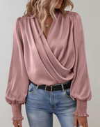 Elegant Satin Wrap Blouse V Neck Ruched Cuffs Limited Edition