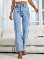 Pearl Embellished High-Waisted Straight Jeans for Women Exclusive
