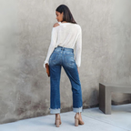 Premium Denim High-Waist Straight Jeans With Rolled Cuffs And Faded Wash Limited Edition
