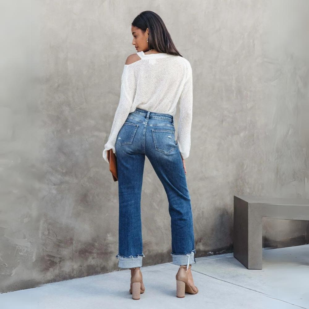 Premium Denim High-Waist Straight Jeans With Rolled Cuffs And Faded Wash Limited Edition