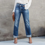 Premium Denim High-Waist Straight Jeans With Rolled Cuffs And Faded Wash Limited Edition