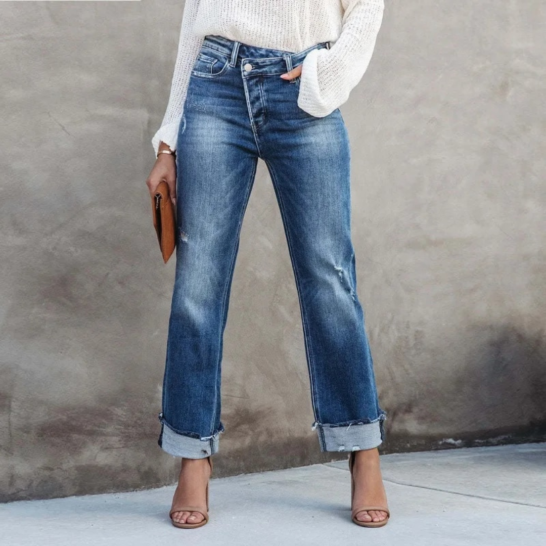 Premium Denim High-Waist Straight Jeans With Rolled Cuffs And Faded Wash Limited Edition