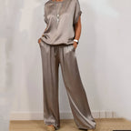 Silk Satin Two Piece Set For Women Soft Wide Leg Trousers And Short Sleeve Top Exclusive