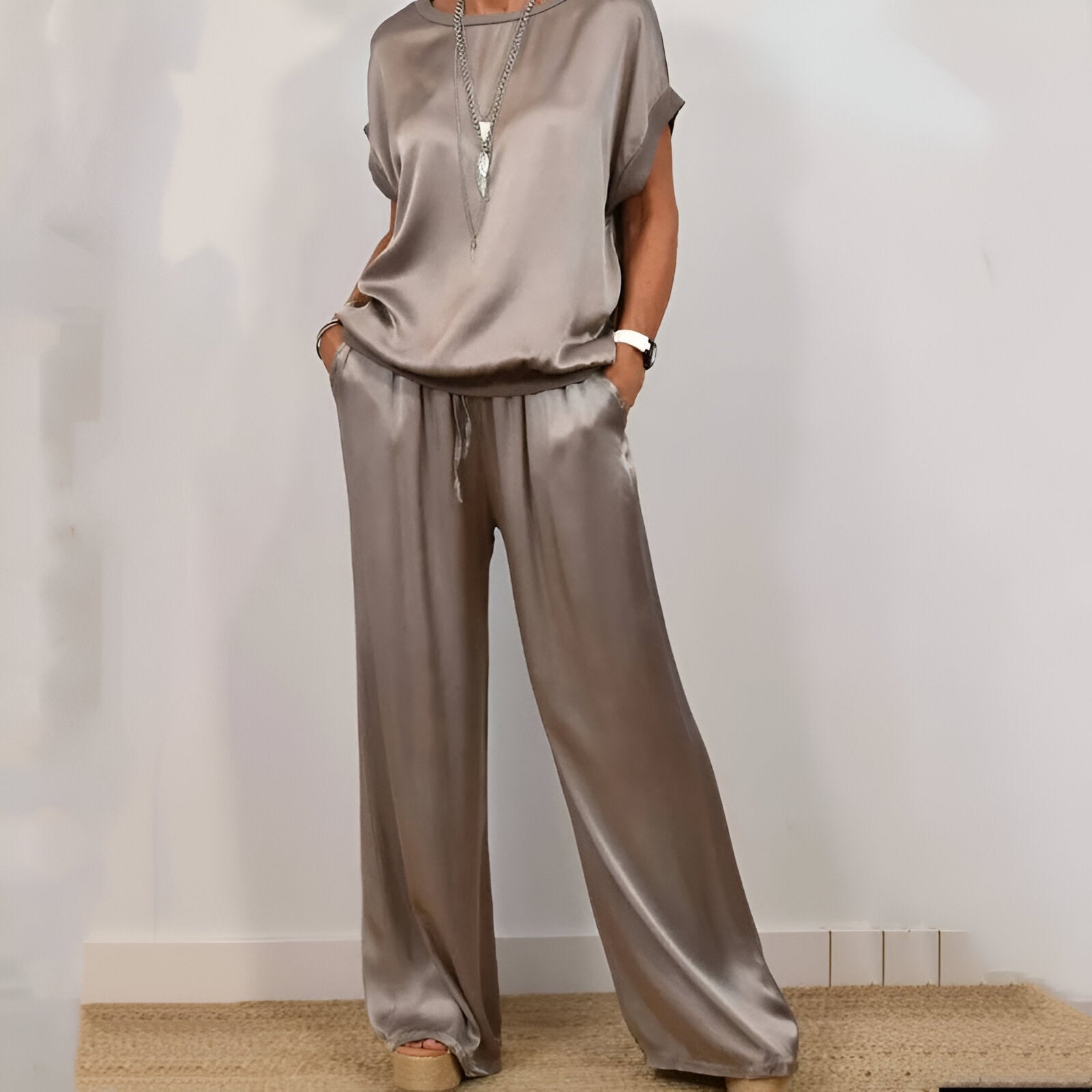 Silk Satin Two Piece Set For Women Soft Wide Leg Trousers And Short Sleeve Top Exclusive