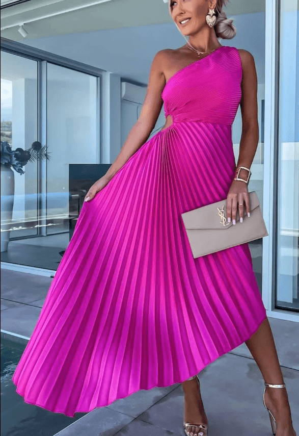 Exclusive One Shoulder Pleated Midi Dress Luxe Pleats Collection