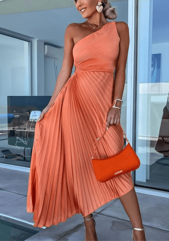 Exclusive One Shoulder Pleated Midi Dress Luxe Pleats Collection