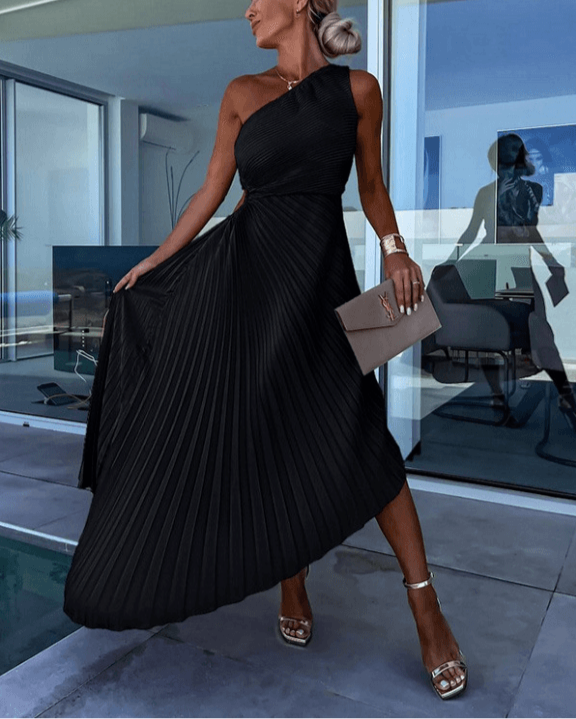 Exclusive One Shoulder Pleated Midi Dress Luxe Pleats Collection