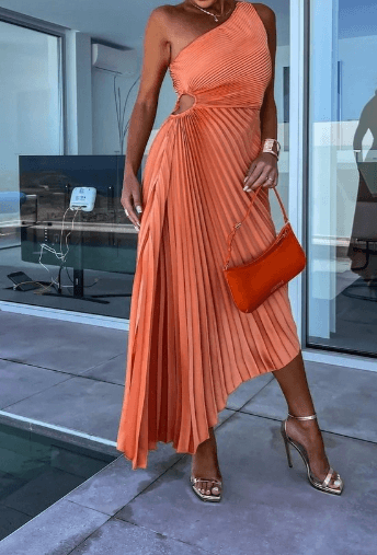 Exclusive One Shoulder Pleated Midi Dress Luxe Pleats Collection