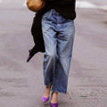 Two Tone Denim Wide Leg Jeans Mid Rise Limited Edition For Women