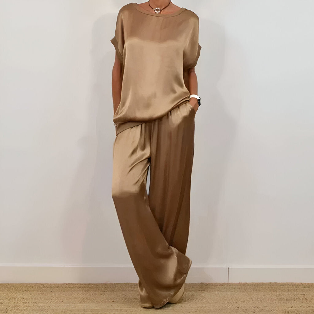 Silk Satin Two Piece Set For Women Soft Wide Leg Trousers And Short Sleeve Top Exclusive