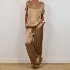 Silk Satin Two Piece Set For Women Soft Wide Leg Trousers And Short Sleeve Top Exclusive