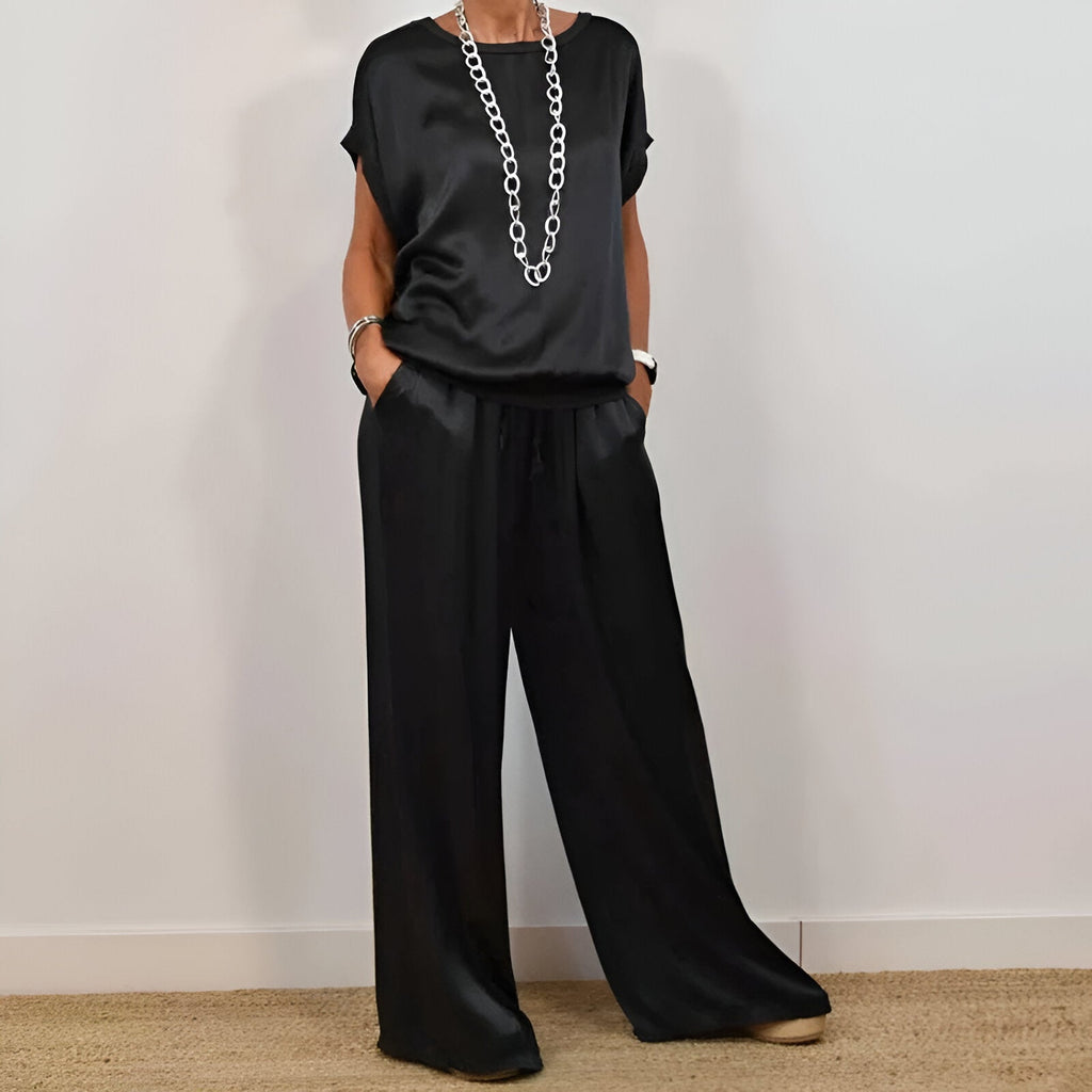 Silk Satin Two Piece Set For Women Soft Wide Leg Trousers And Short Sleeve Top Exclusive
