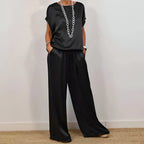 Silk Satin Two Piece Set For Women Soft Wide Leg Trousers And Short Sleeve Top Exclusive