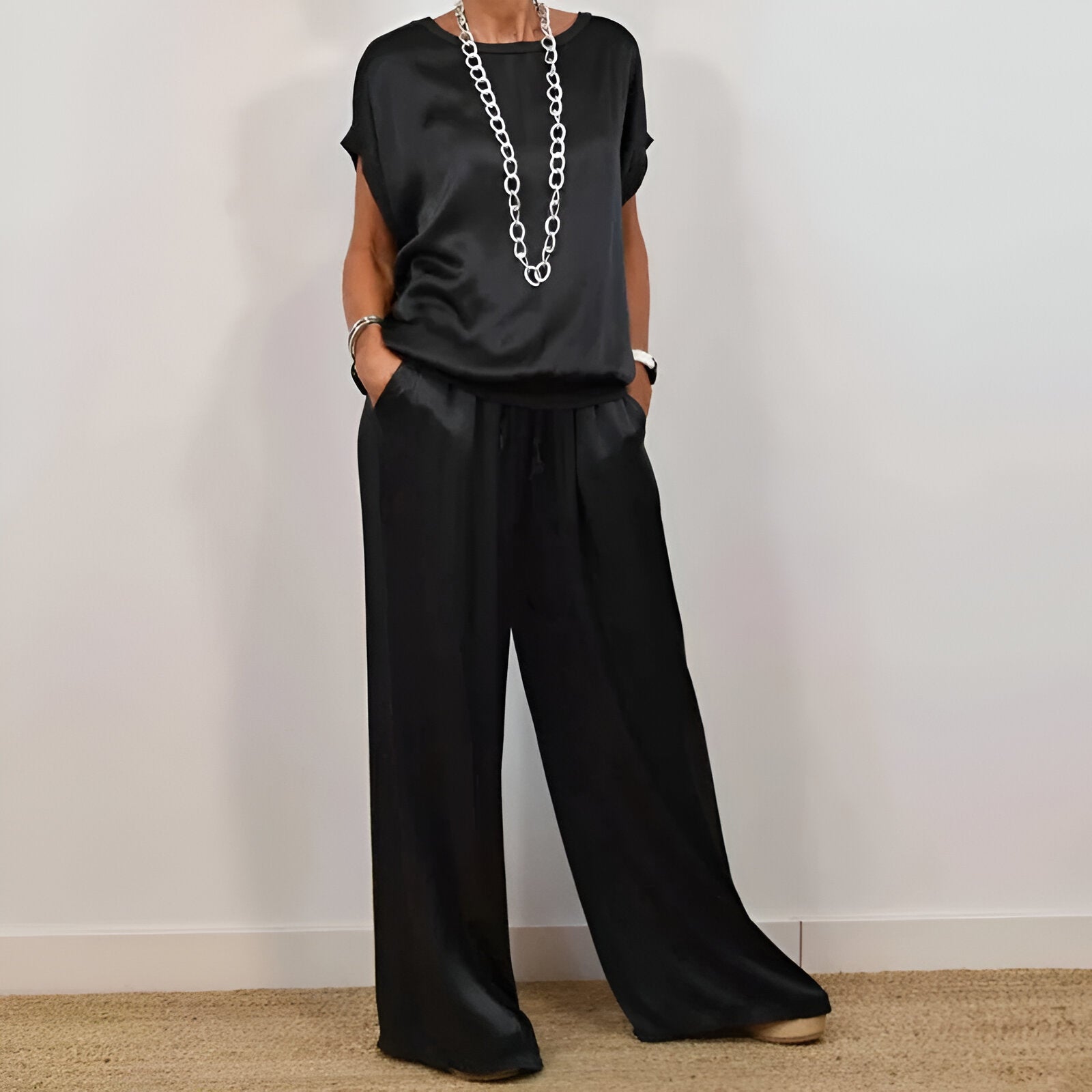 Silk Satin Two Piece Set For Women Soft Wide Leg Trousers And Short Sleeve Top Exclusive